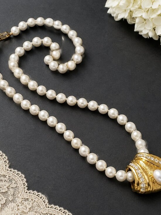 Vintage Jewelry - Vintage 24" Hand Knotted Faux Pearl Necklace Gold Tone Slide Enhancer